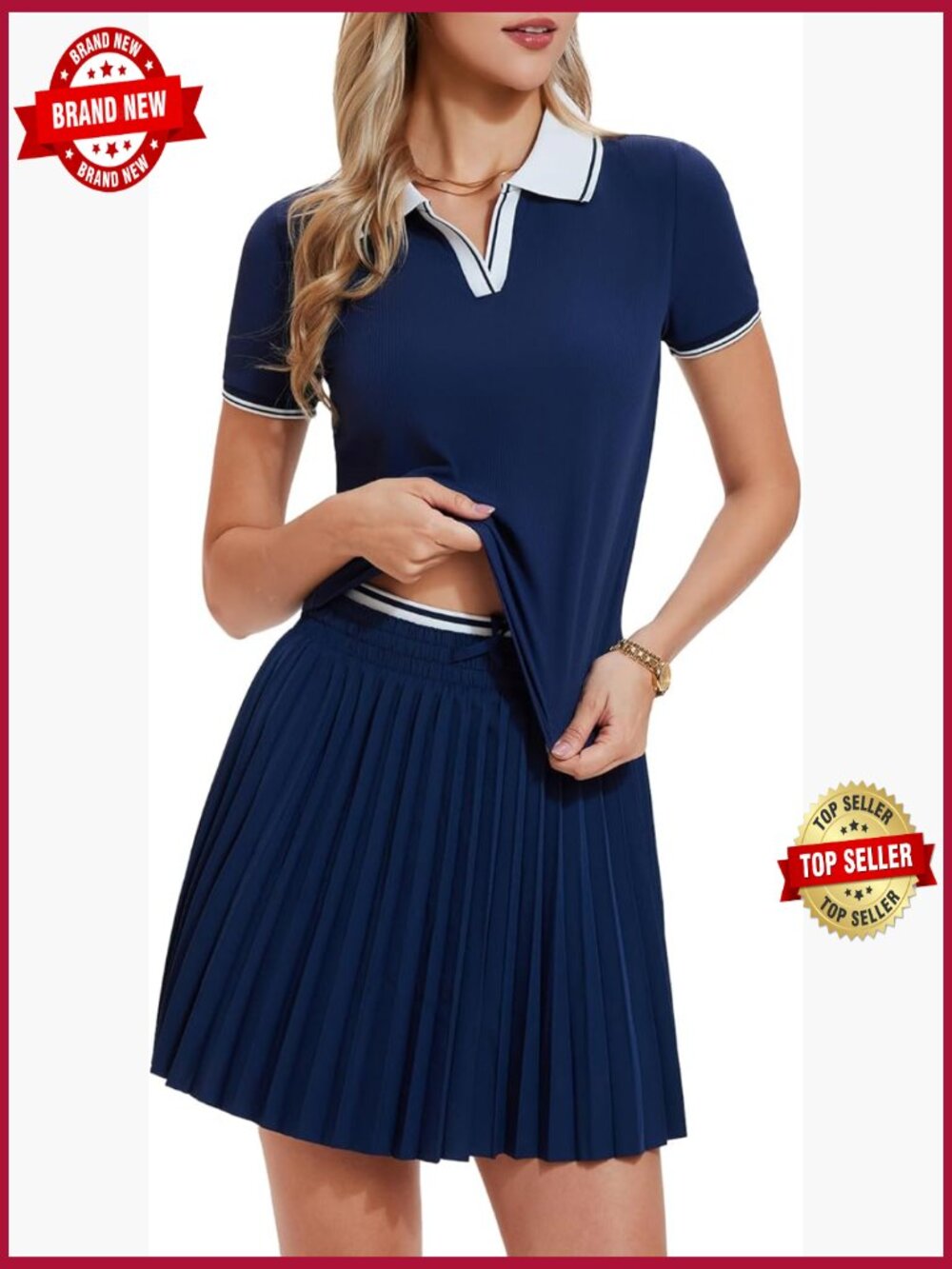 2 Piece Tennis Skirt Set V Neck Top Pleated Skort Athletic Sport